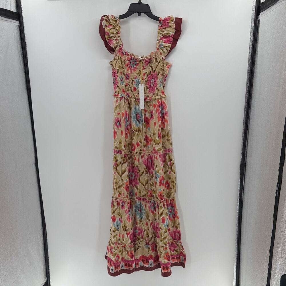 House of Harlow 1960 Zoey Khaki Floral Print Smocked Maxi Dress - Tan/Pink - S